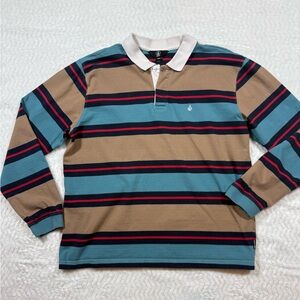 Volcom Men's Casual Striped Polo Shirt - Blue, Tan, Black